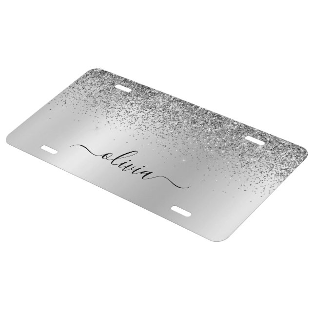 Silver Glitter Metal Monogram Glam Name License Plate | Zazzle