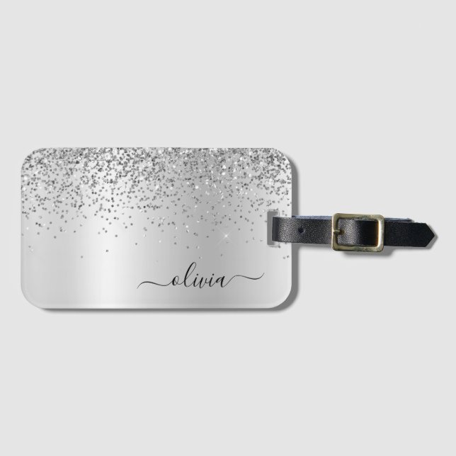 Silver Glitter Metal Monogram Glam Name Luggage Tag (Front Horizontal)