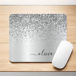 Silver Glitter Metal Monogram Glam Name Mouse Pad