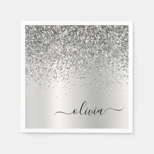 Silver Glitter Metal Monogram Glam Name Napkins