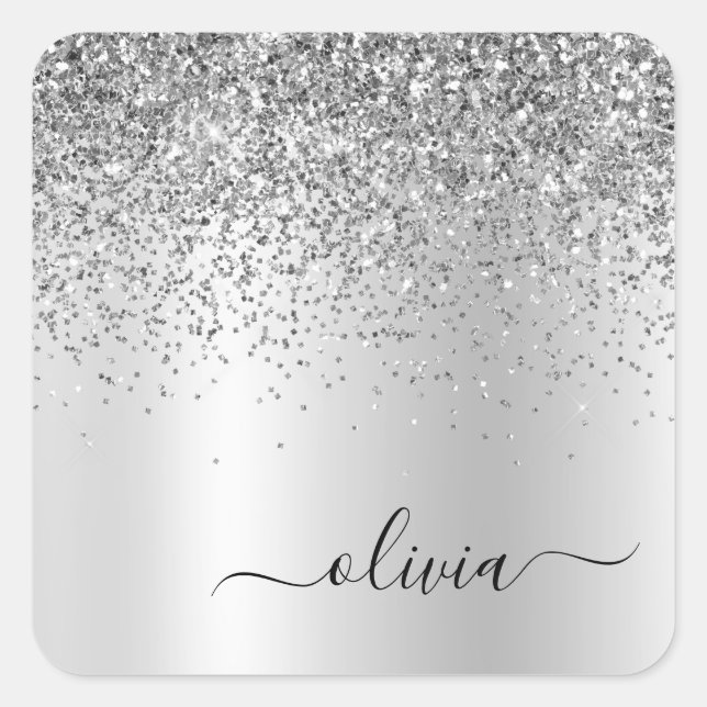 Silver Glitter Metal Monogram Glam Name Square Sticker (Front)