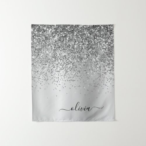 Silver Glitter Metal Monogram Glam Name Tapestry
