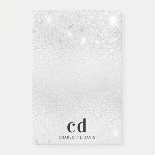 Silver glitter metal monogram initials name post_it notes
