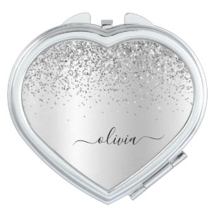 Silver Glitter Metal Monogram Name Compact Mirror
