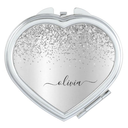 Silver Glitter Metal Monogram Name Compact Mirror