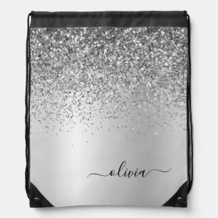 Silver Glitter Metal Monogram Name Girly Drawstring Bag