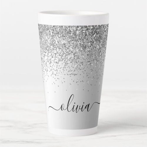 Silver Glitter Metal Monogram Name Latte Mug