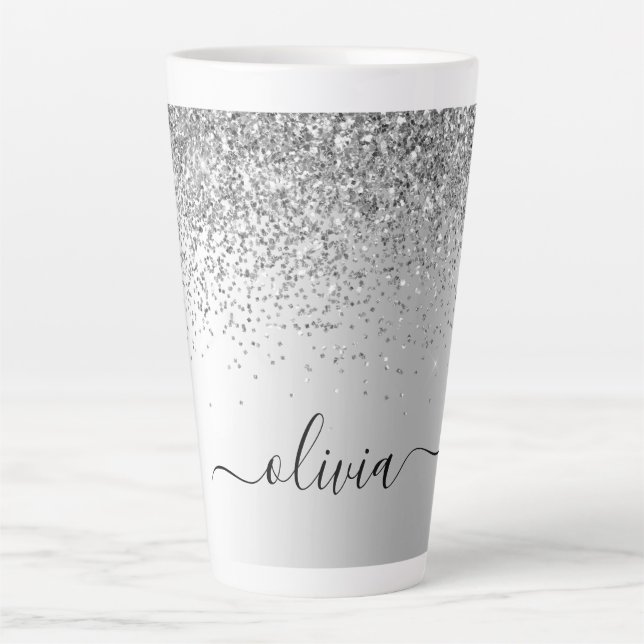 Silver Glitter Metal Monogram Name Latte Mug (Front)