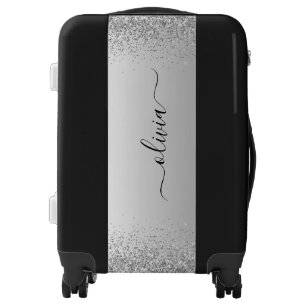 Silver Glitter Metal Monogram Name Luxury Luggage