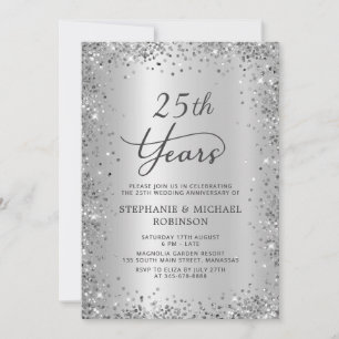 Silver Glitter Metallic 25th Wedding Anniversary Invitation