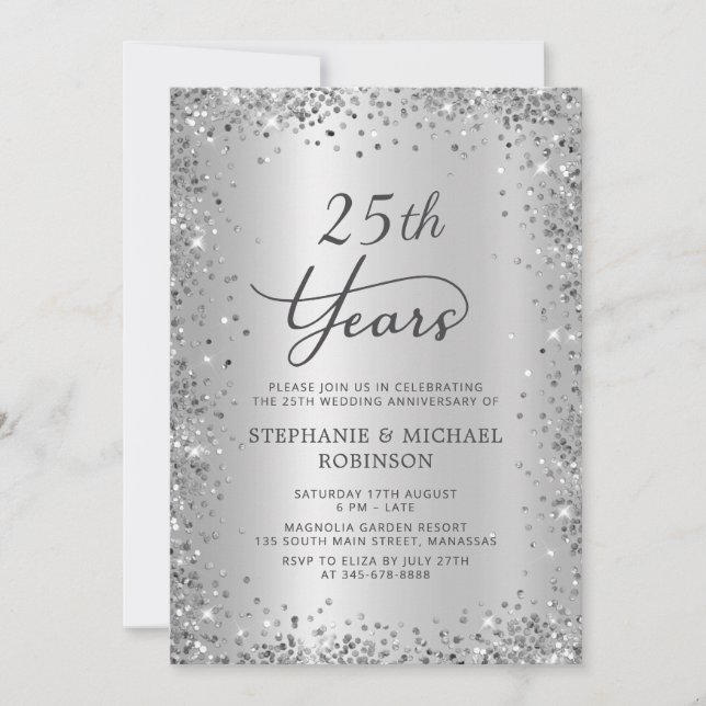 Silver Glitter Metallic 25th Wedding Anniversary Invitation (Front)