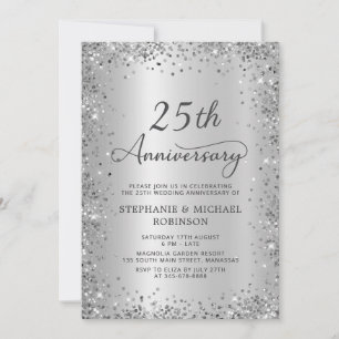 Silver Glitter Metallic 25th Wedding Anniversary Invitation