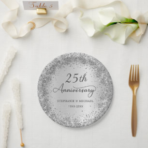 Silver Glitter Metallic 25th Wedding Anniversary Paper Plates