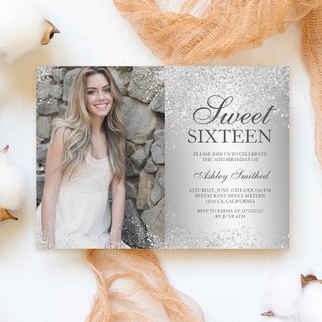 Silver glitter metallic foil photo Sweet 16 Invitation (Creator Uploaded)