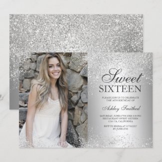 Silver glitter metallic foil photo Sweet 16 Invitation