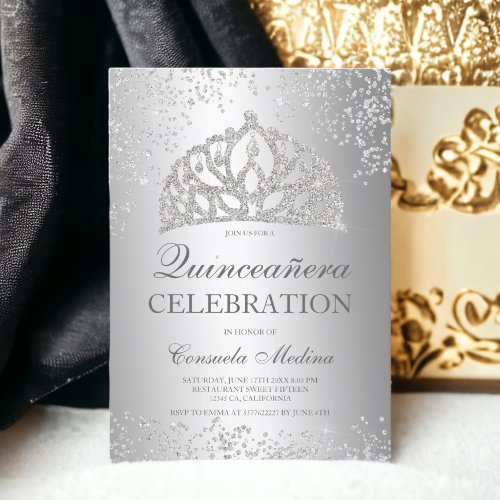 Silver glitter metallic foil tiara Quinceaera Invitation