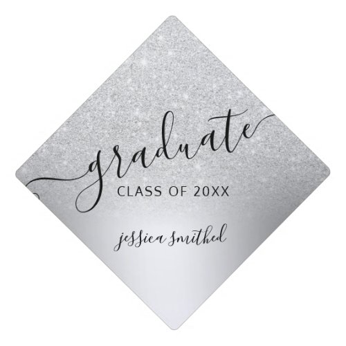 Silver glitter metallic gray typography graduate graduation cap topper