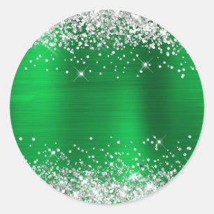 Silver Glitter Metallic Green Blank Classic Round Sticker