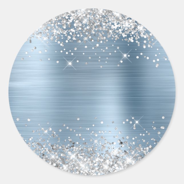 Silver Glitter Metallic Light Blue Blank Classic Round Sticker (Front)