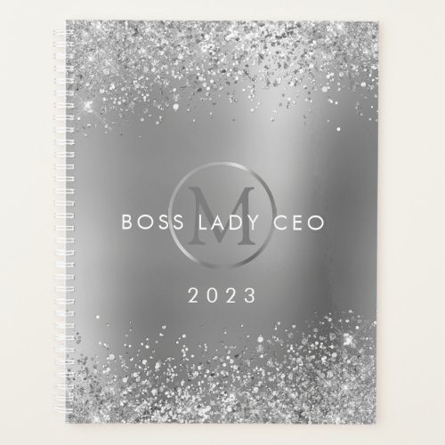Silver Glitter Metallic Monogram 2023 Boss Lady Planner