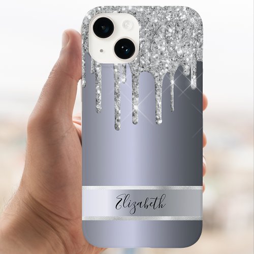 Silver glitter metallic monogram elegant modern Case_Mate iPhone 14 case
