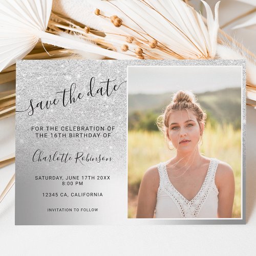 Silver glitter metallic ombre 3 photos Sweet 16 Save The Date
