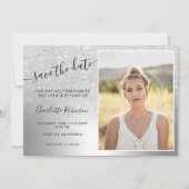 Silver glitter metallic ombre 3 photos Sweet 16 Save The Date (Front)