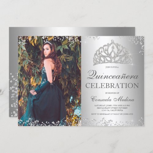 Silver glitter metallic photo tiara Quinceaera Invitation