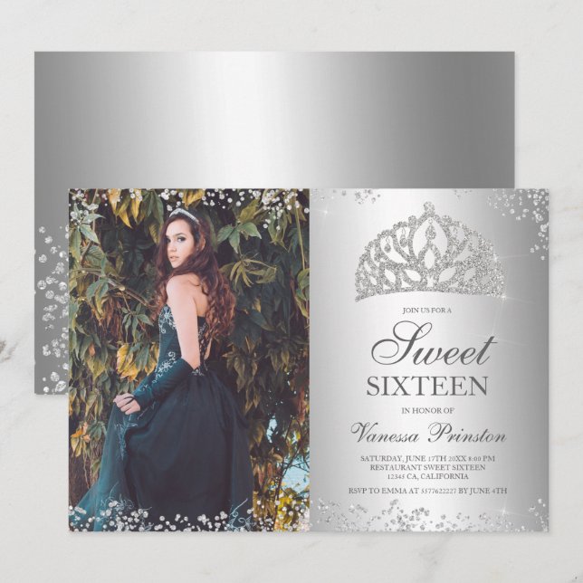 Silver glitter metallic photo tiara Sweet 16 Invitation (Front/Back)