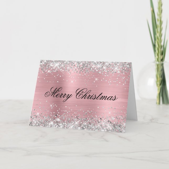 Silver Glitter Metallic Pink Family Photo Card (Front)