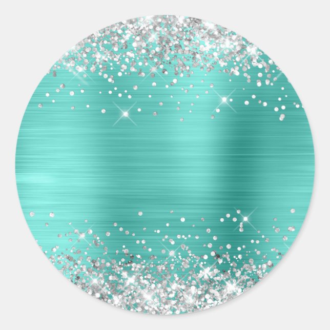 Silver Glitter Metallic Turquoise Blank Classic Round Sticker (Front)