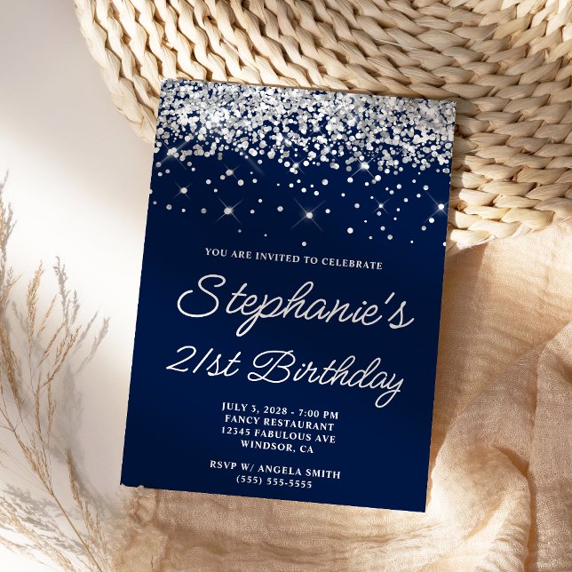 Silver Glitter Midnight Blue 21st Birthday Invitation (Navy blue and silver glitter birthday invitation.)