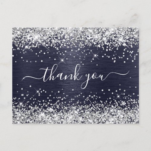 Silver Glitter Midnight Blue Foil Thank You Postcard