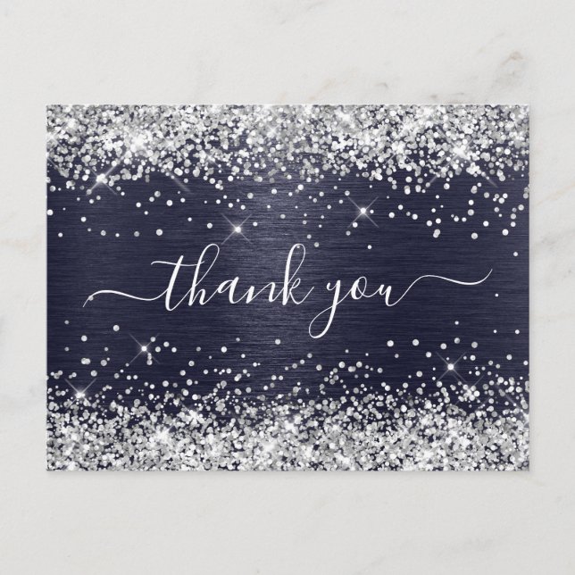 Silver Glitter Midnight Blue Foil Thank You Postcard (Front)