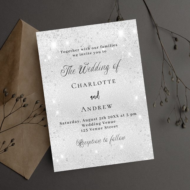 Silver glitter minimalist formal wedding invitation postcard (Creator Uploaded)
