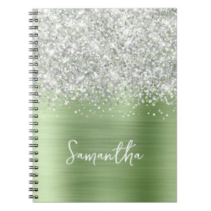 Silver Glitter Mint Glam Script Name Notebook