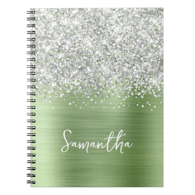 Silver Glitter Mint Glam Script Name Notebook (Front)