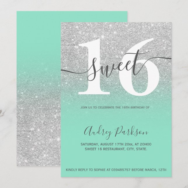 Silver glitter mint green ombre girly Sweet 16 Invitation (Front/Back)