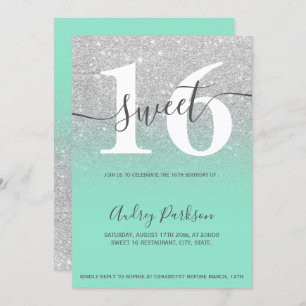 Silver glitter mint green ombre girly Sweet 16 Invitation