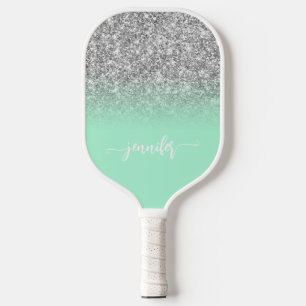Silver Glitter Mint Green Ombre Modern Script Pickleball Paddle