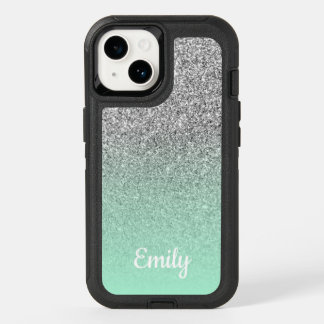 Silver Glitter Mint Green Ombre Personalized OtterBox iPhone 14 Case