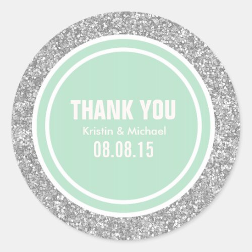 Silver Glitter  Mint Green Thank You Round Classic Round Sticker