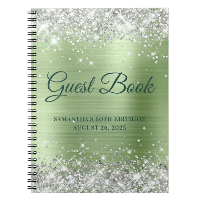 Silver Glitter Mint Ombre 60th Birthday Guestbook Notebook (Front)