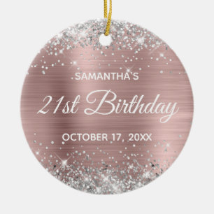 Silver Glitter Misty Rose Foil 21st Birthday Ceramic Ornament