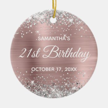 Silver Glitter Misty Rose Foil 21st Birthday Ceramic Ornament by pinkgifts4you at Zazzle