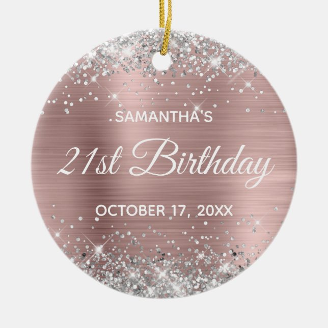 Silver Glitter Misty Rose Foil 21st Birthday Ceramic Ornament (Front)