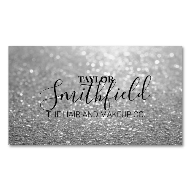Silver Glitter Modern Business Card Magnet (Front)