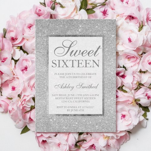 Silver glitter modern elegant chic Sweet 16 Invitation
