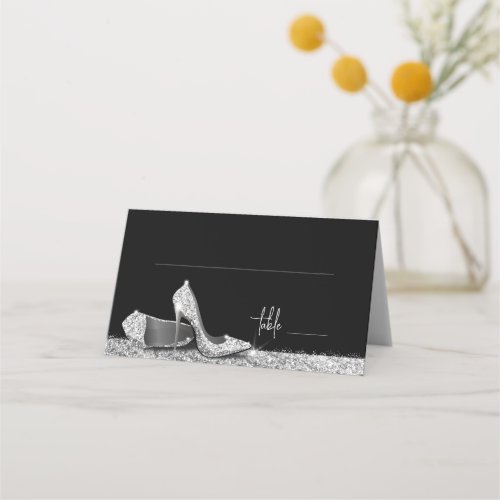 Silver Glitter Modern Glam High Heel Shoes Place Card