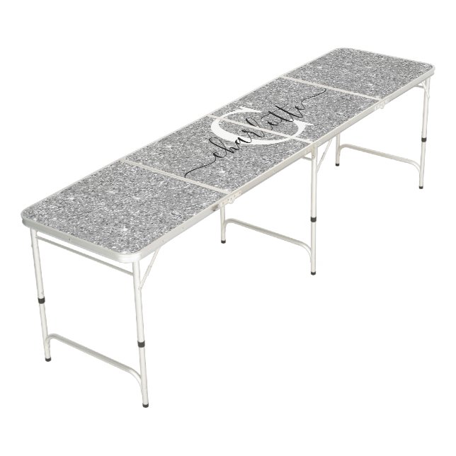 Silver Glitter Modern Monogram Script Name Beer Pong Table (Angled)